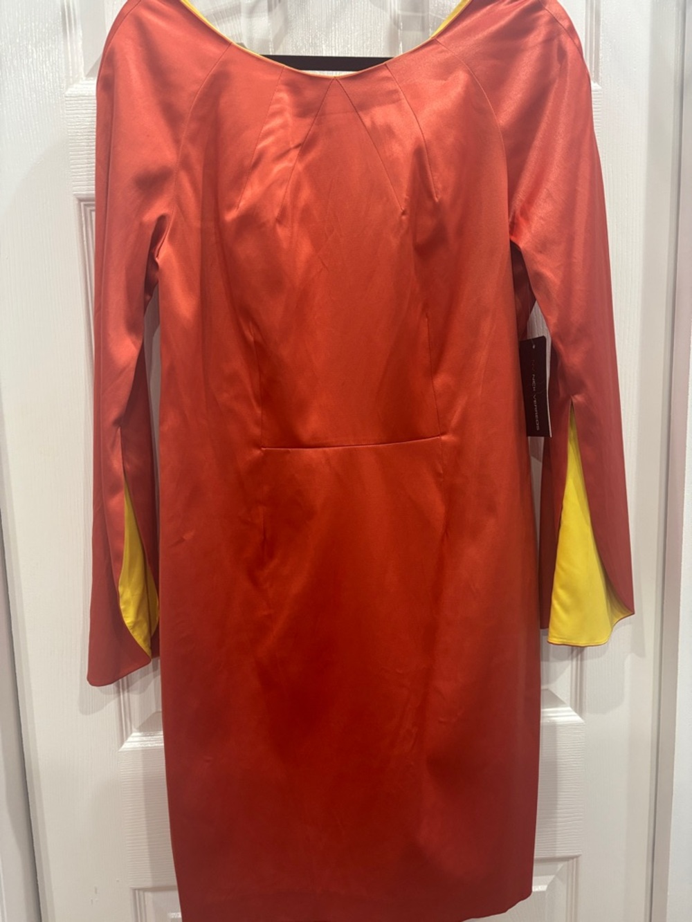 Elegant Orange Sheath Dress with Yellow Sleeve Accents